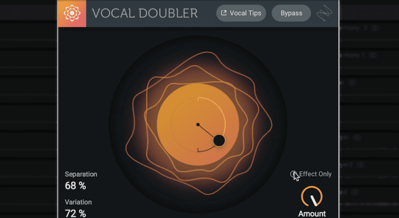 Vocal Doubler Effect screen shot, orange display with separation and variation % display and effect controller