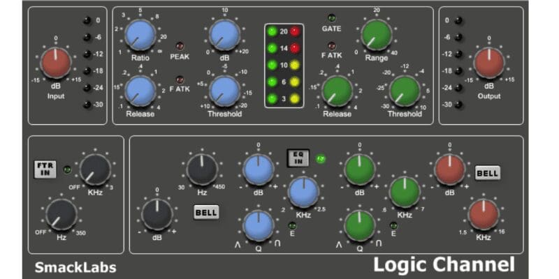 Logic Channel Plugin screen shot from smacklabs with red, blue, greg and green control knobs for DB ouput, EQ, Filter and peak input settings.