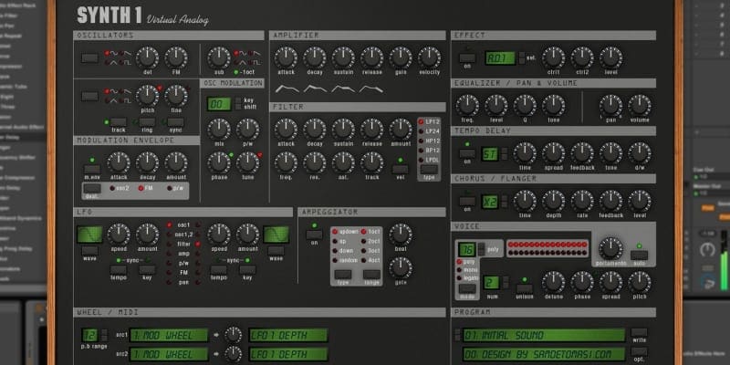 Synth 1 Plugin screenshot with various midi controls effects and LFO