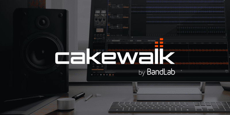 CakeWalk DAW logo by Bandlab with computer and studio monitor background at home studio