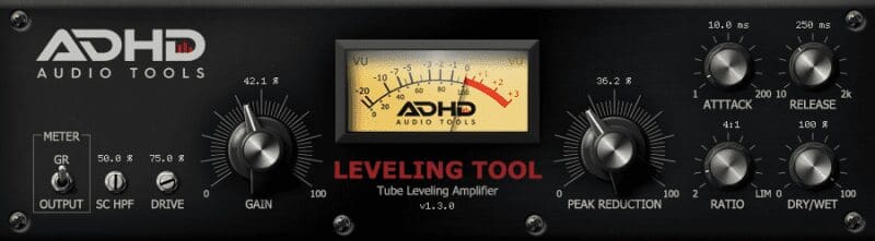 Levelling Tool from Audio Tools ADHD with meter volume display in rack mount screen shot display, including gain, drive, peak reduction, ration, dry and wet modes