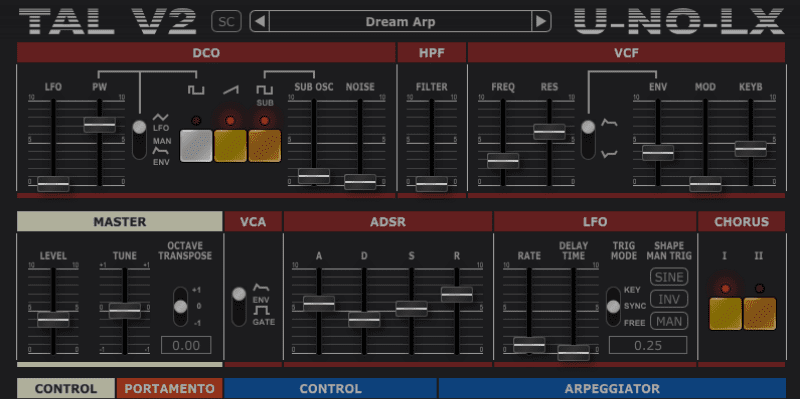 TAL V2 VST Software screenshot with midi sliders and controls including appeggiator