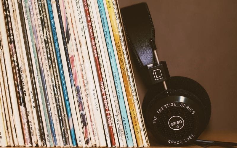 Vinyl propped up by headphones