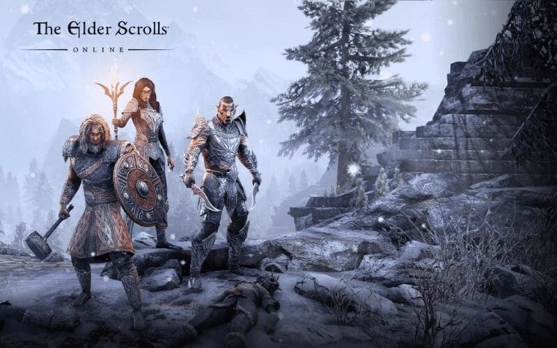 Elder Scrolls Portada en línea con texto y personajes en la nieve