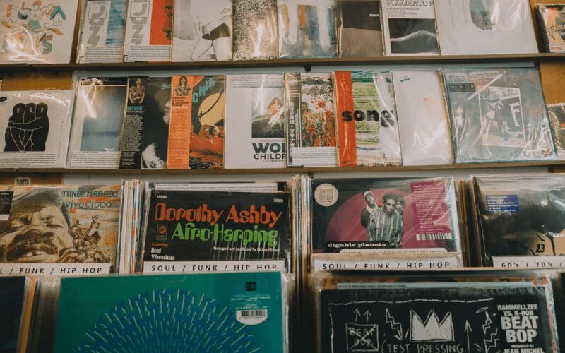 A shop shelf full of Phonograph records.