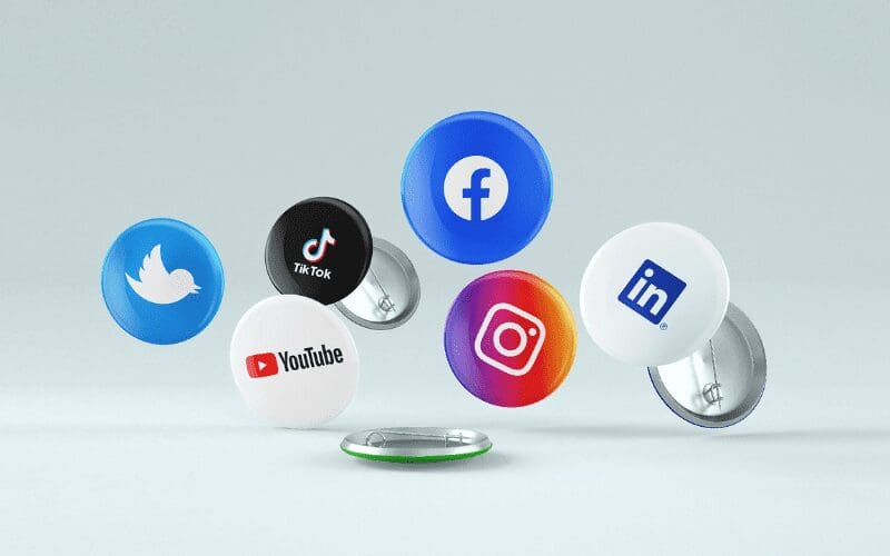 A selection of badges displaying social media logos