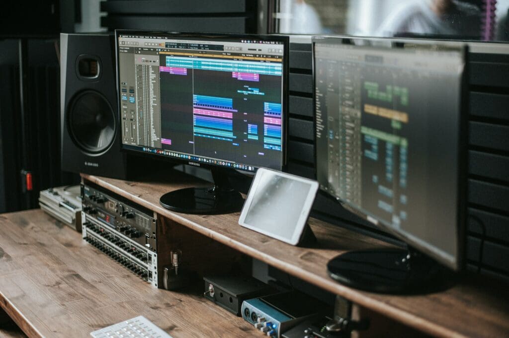Two monitors showing Ableton  music production software